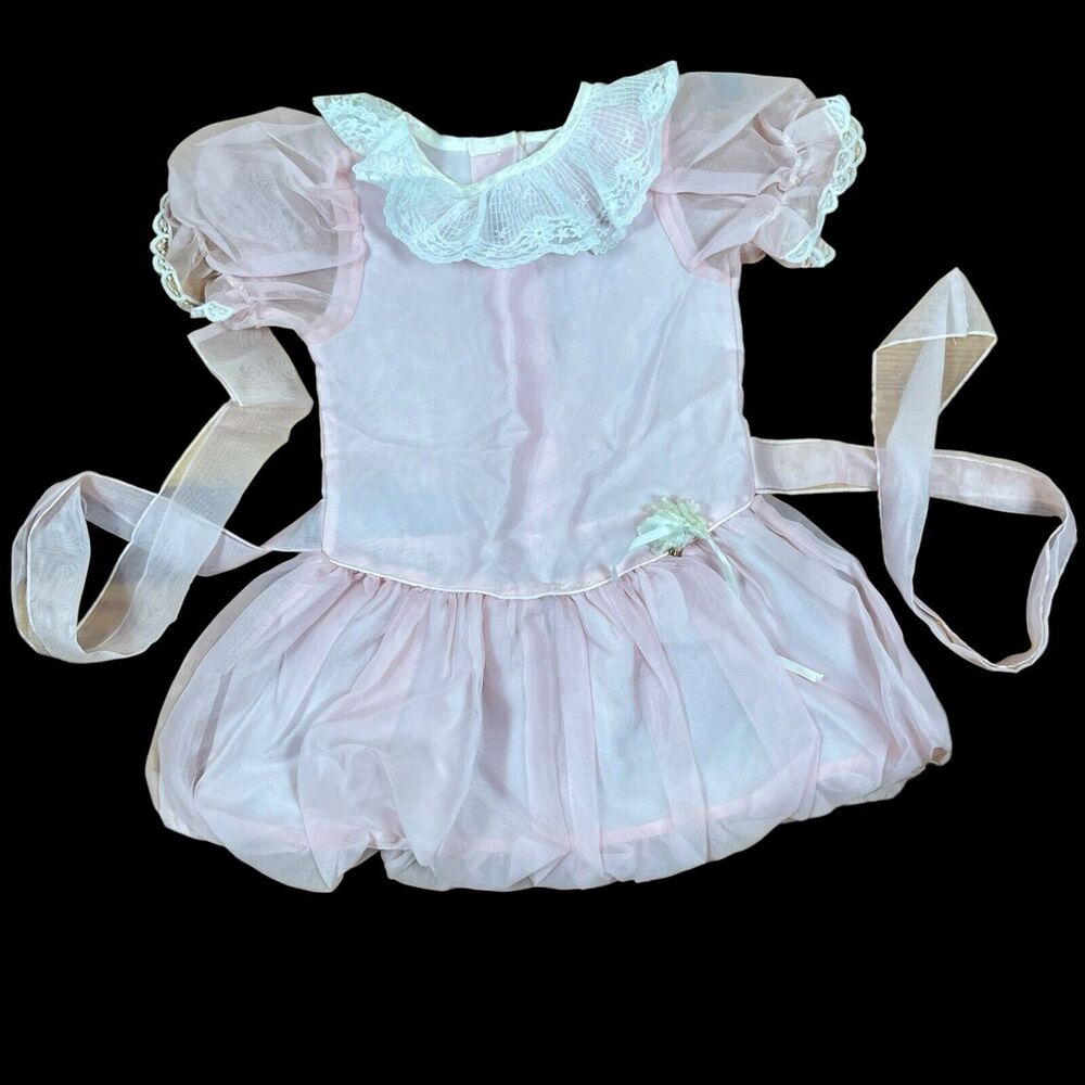 Vintage Le Maj Girl Ruffle Party Dress Size 4T Pink Satin White Lace Bubble Hem
